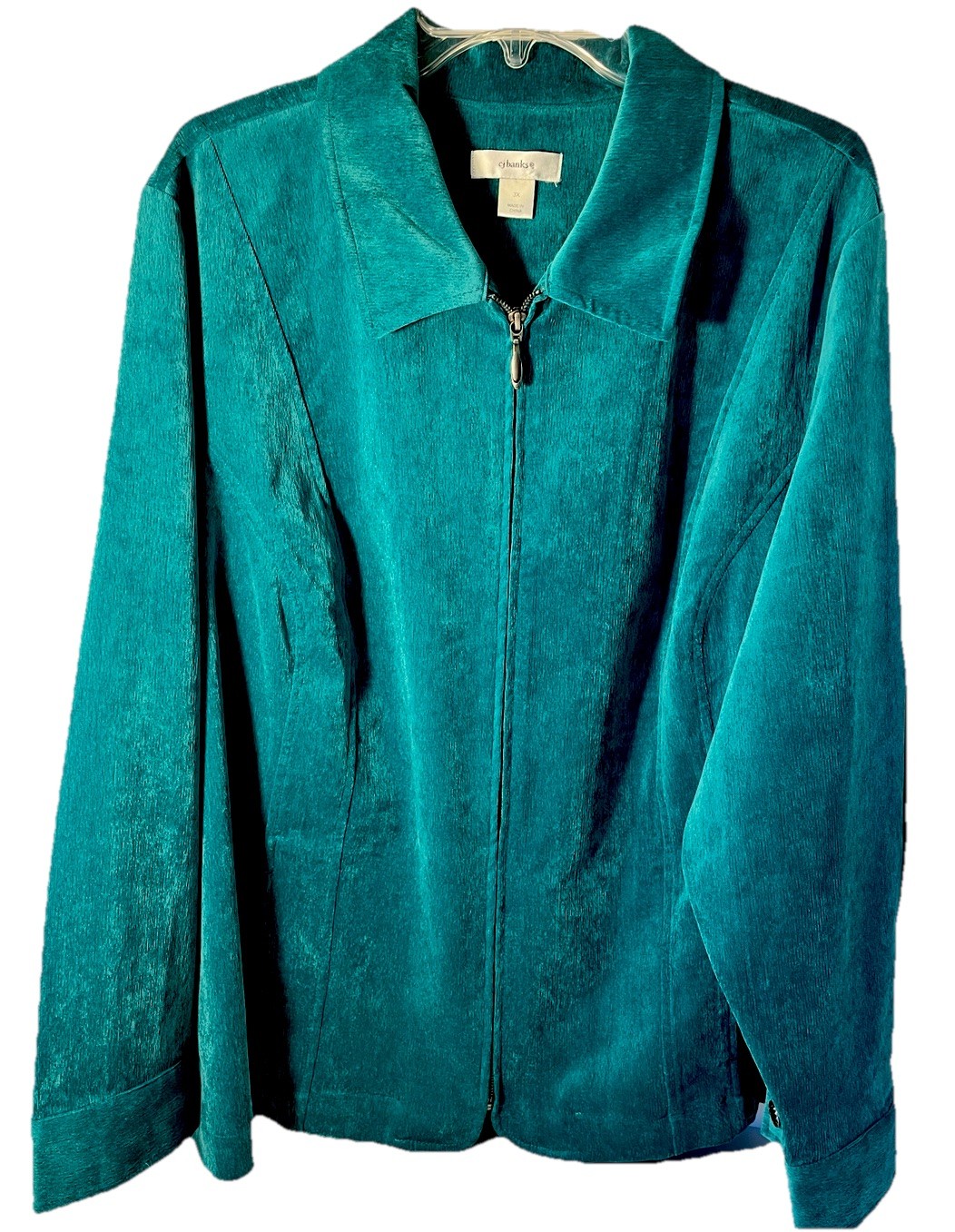 CJ Banks Sz 3X Green Super Soft Micro-Corduroy Zip-up Jacket Blazer Cinch Back