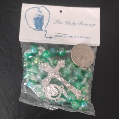 Green Plastic Bead Christian Rosary, Silver Tone Crucifix, Philippines