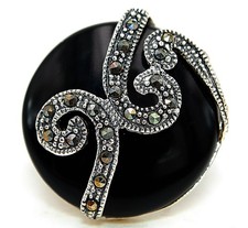 Natural Black Onyx  Swiss Marcasite 925 Solid Sterling Silver Ring Sz 8,9 ZB6