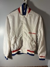 Vintage Holloway White Satin Bomber Jacket Size Small In Red, White  Blue