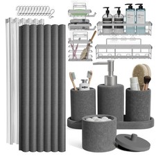 Clara Clark Grey 24PC Bathroom Set - Shower Curtain, Caddy, Soap Dispenser