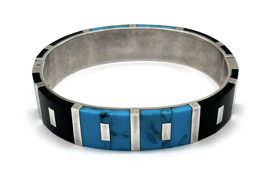 925/- Silber Armreif, Türkis, Onyx, Muster, 14 mm breit, 17,5 cm Umfang - Bild 2 von 3