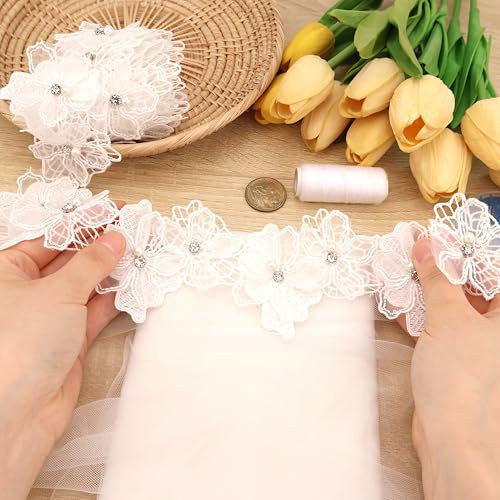 Organza Flower Trim 2 Yards 3D Pearl Beads Flower Lace Trim Embroidered - Picture 4 of 5