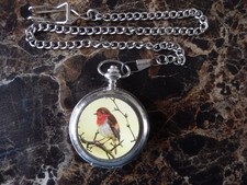 ROBIN BIRD CHROME POCKET WATCH WITH CHAIN NEW  3 
