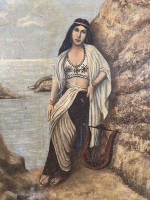 Antikes Öl auf Panneau: Porträt von Sappho mit Leier, Griechische Dichterin
