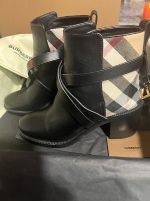 Burberry Pryle Women s Ankle Boots Black/Beige Plaid Buckle Straps EU 37.5