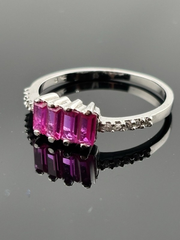 Petite Sterling Silver Pink Sapphire & Cz Band Ring Baguette Unique Look Sz 5.25