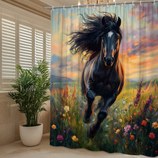 Running Black Horse Shower Curtain, Sunset Meadow Design, Western Farmhouse