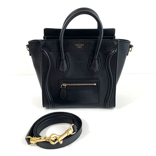 Celine Luggage Nano 2Way Shoulder Bag Black Drummed Calf Leather Gold With Strap