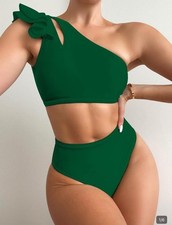 Dark Green Ruffle One Shoulder High-Waisted Bikini Set Women's 2 Piece