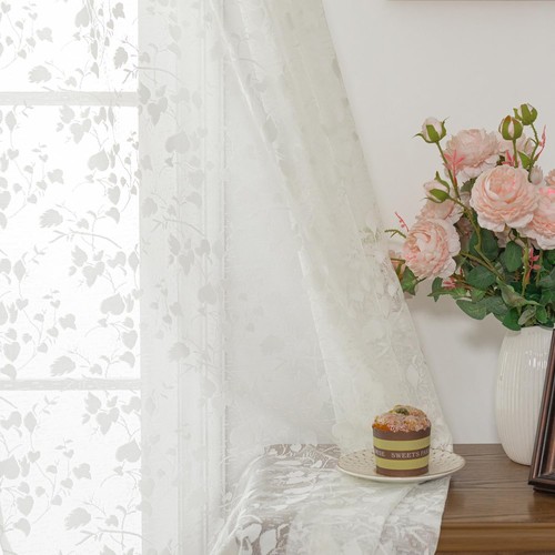 H.ebony Beige Tree Leaves Lace Voile Sheer Curtains for Living Room - Knitted... - 第 1/10 張圖片