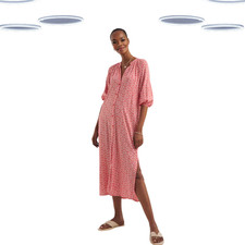 Ex JD Williams Women's Short Sleeve Kaftan Button Through Shirt Dress - Red