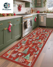 VIKAMA Christmas Red Kitchen Carpet, Non-slip, Washable, Low Hair, M