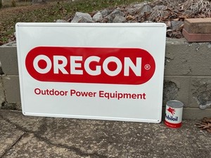 VINTAGE "OREGON CHAINSAWS" LARGE EMBOSSED METAL DEALER SIGN (36"x 24") NOS