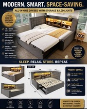 Grey Fabric Upholstered Single Daybed with LED Light and 1 Storage Drawer