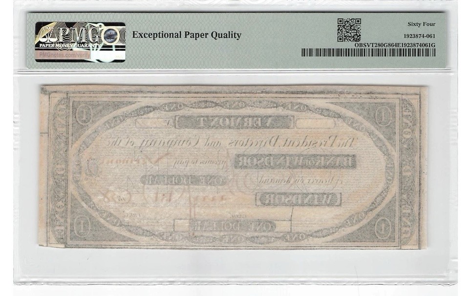 PMG ChUNC 64. 1830s VERMONT Windsor $1 Obsolete Bank Note Currency ...
