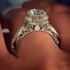 Real Moissanite 2Ct Round Art Deco Engagement Ring 14K White Gold Plated Silver