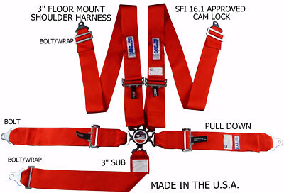 RJS RACING SFI 16.1 CAM LOCK 5 POINT SEAT BELT HARNESS FLOOR MOUNT RED 1034904