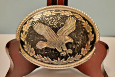 Vintage Eagle Silver Black Western Belt Buckle Etched Floral Design Unbranded