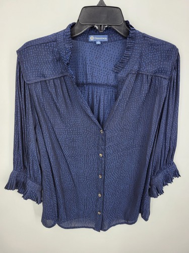 Democracy Top Womens Large Blue Polka Dot Ruffle Neck 3/4 Sleeve Flowy Blouse