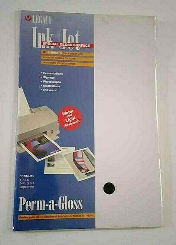 Legacy Ink Jet Perm A Gloss Paper 10 Sheets 11x17 Water Light Resistant New