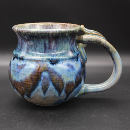Hand Thrown Studio Art Pottery Mug Blue Drip Glaze Artisan Signed