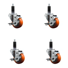 3 Inch Orange Poly Swivel 1-1/8 Inch Expanding Stem Caster Set with Brake SCC
