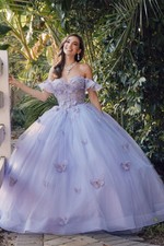 Lilac Quinceanera Dresses Ball Gown 3D Applique Lace Up Back Sweet 16 Prom Gowns