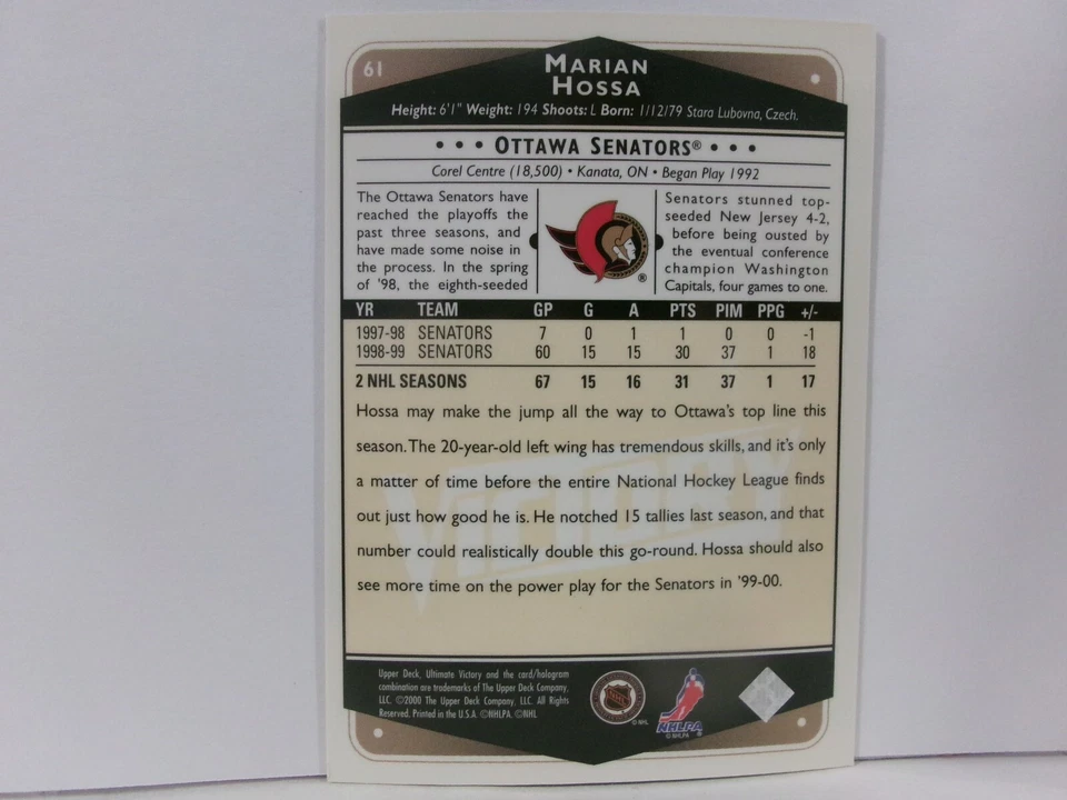 1999-00 Upper Deck Ultimate Victory Marian Hossa #61 HOF - Image 2 of 2