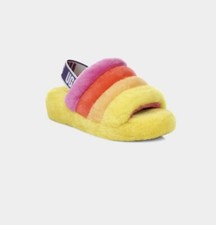 UGG Fluff Yeah Rainbow Furry Women  s Yellow Multi Slides Size US 6 NEW