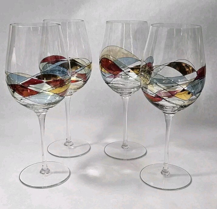 4 Milano Stained Glass Wine Glasses Romania HUGE 32oz Hand Blown Art Glass  | eBay
