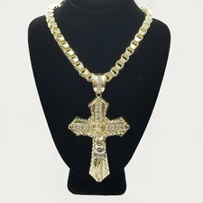 10k Gold Mens Byzantine Box Necklace 26" Cross Charm Pendant Jesus 