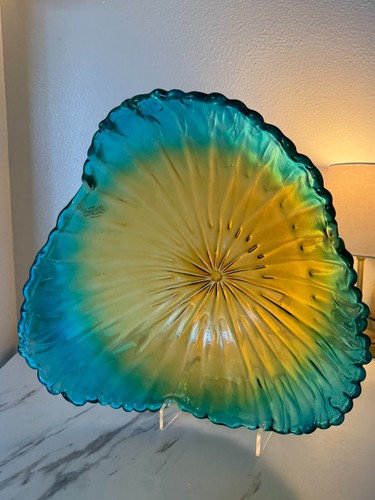 Murano Pulled Edges Art Glass Bowl (Green and Blue) with stand