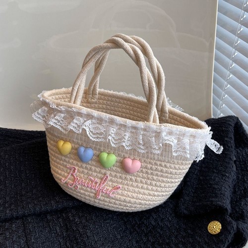 Lace Straw Bag Heart Beach Vacation Bag Portable Knitted Handbag - Picture 9 of 14