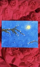 ACEO Original Art Cherry Blossom Flower 3.5x2.5 Acrylic Painting Blue Shimmer