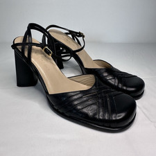 Vintage Nine West Womens Blck Strappy Block Heel Square Toe Ankle Strap Buckle 6
