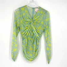 Cinq A Sept Aniya Top Womens M Blue Green Floral Maximalist Aniya Ruched Mesh