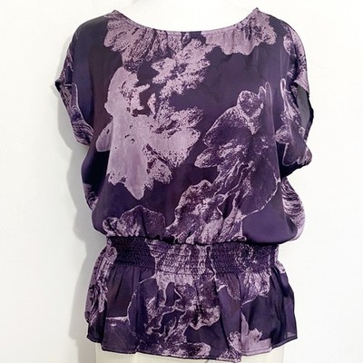 AB Studios Floral Silky Purple Shirred Waist Short Sleeve Women's Top S