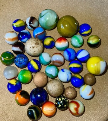 Old Gerber Jar of 40 Marbles, V9/16 - 1 ,  Cub Scouts, Clays, Pelt, Bennington,