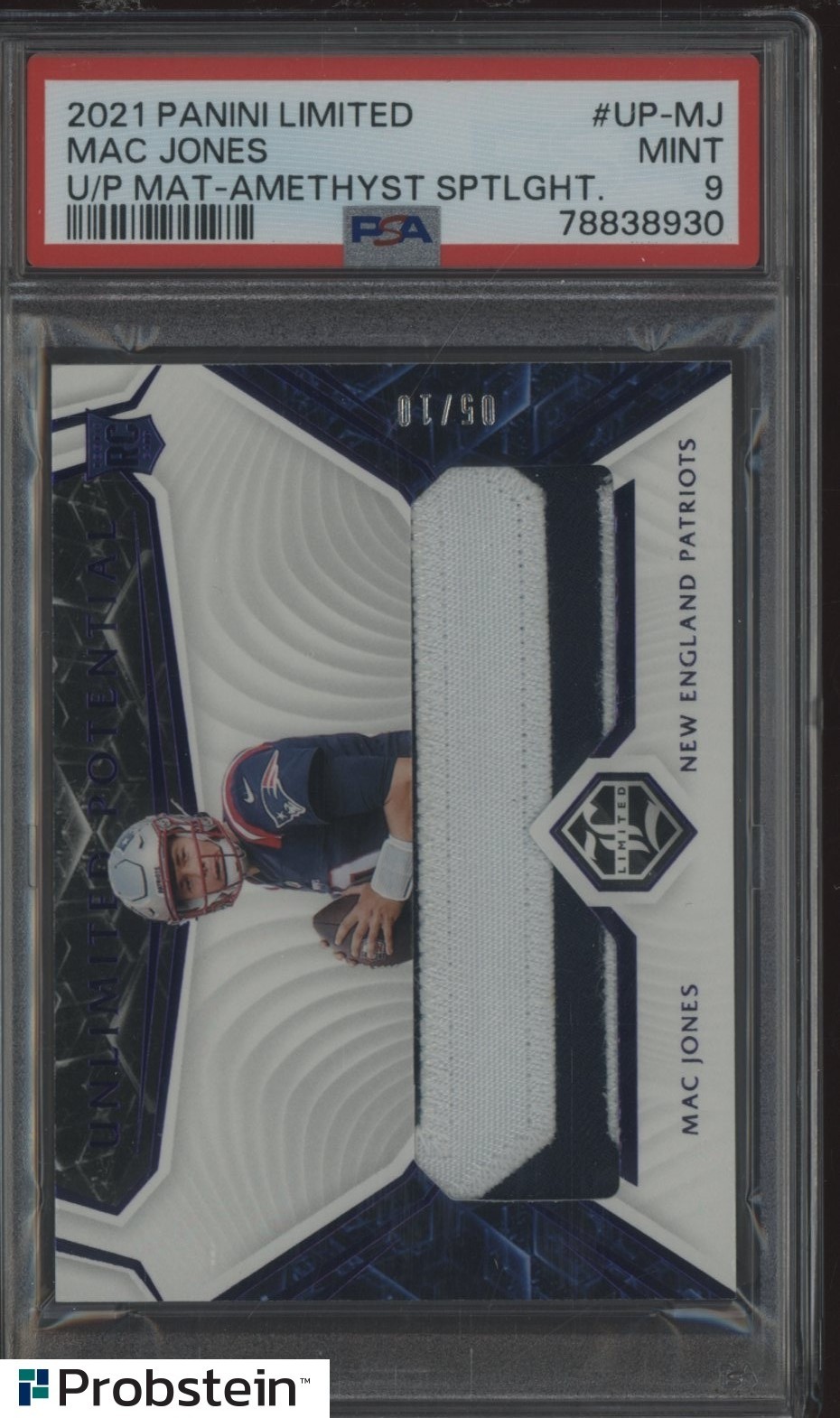 Mac Jones Panini Limited Unlimited Potential Materials #UPMJ Amethyst Spotlight