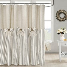 Linen Button Farmhouse Beige Shower Curtain,Bowknot,Linen and Cotton Woven