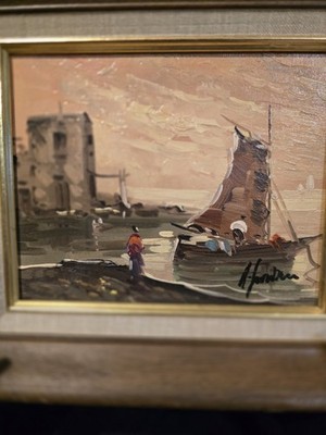 Vintage Signed Oil Back Sailboat Coastal Scene Based on Giacomo Moretti Gorgeous