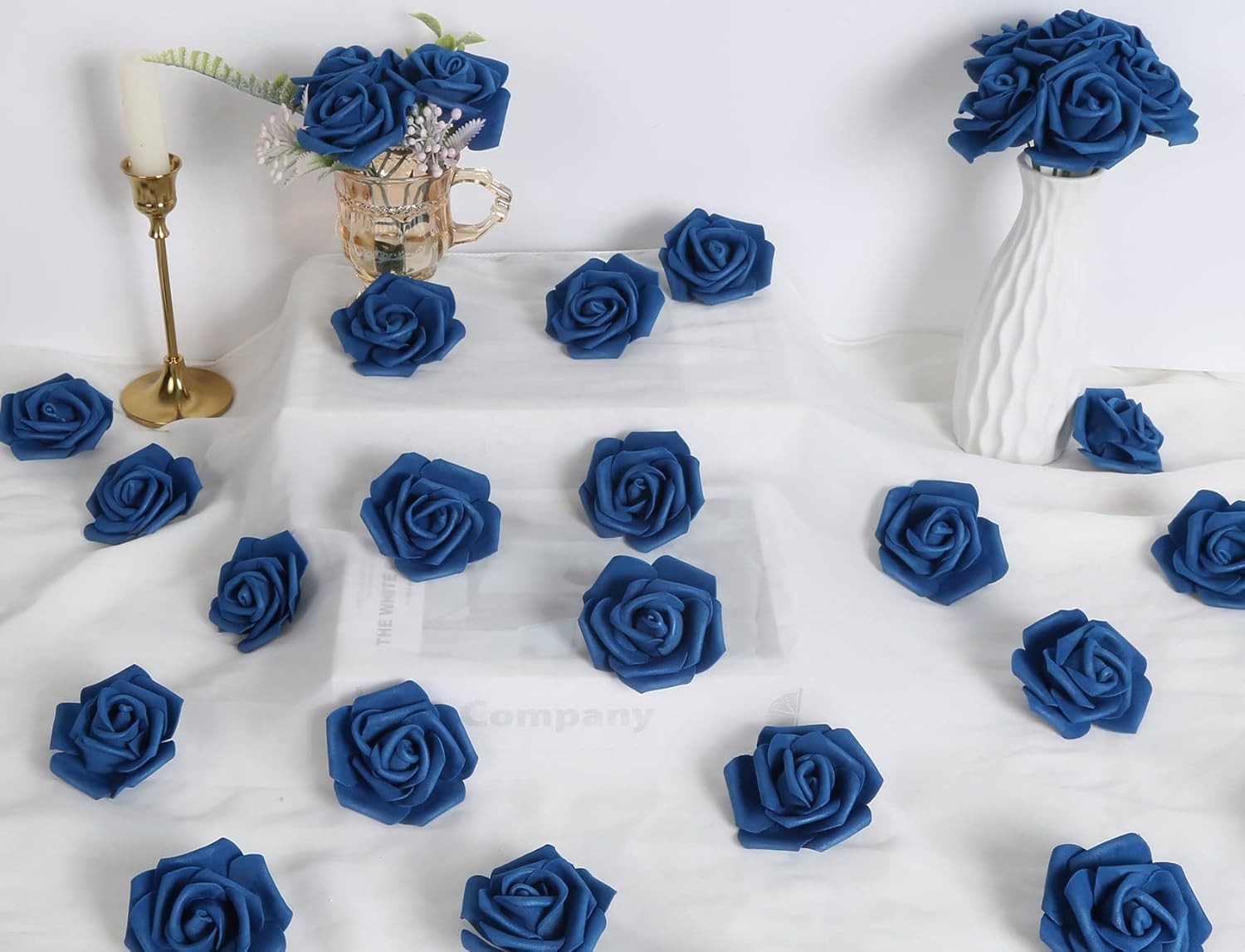 IPOPU Artificial Roses Flowers Heads, 100 Pcs Navy Blue Foam Fake 
