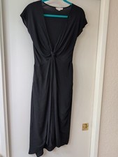 Promesa Black Plunge Neck Knot-Front Sz Sm Midi Dress Cap Sleeve Pockets Slit