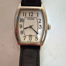 Pulsar Quartz Tonneau Analog Dress Watch White Dial Date Black Leather Strap