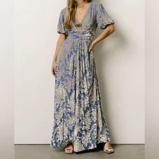 Baltic Born Velvet Maxi Dress Leslie Blue & Silver Sz 1X Floral V-Neck Surplice