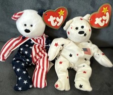 VTG TY Teenie Beanie Baby Glory & Spangle Bears Retired Red White Blue Stars