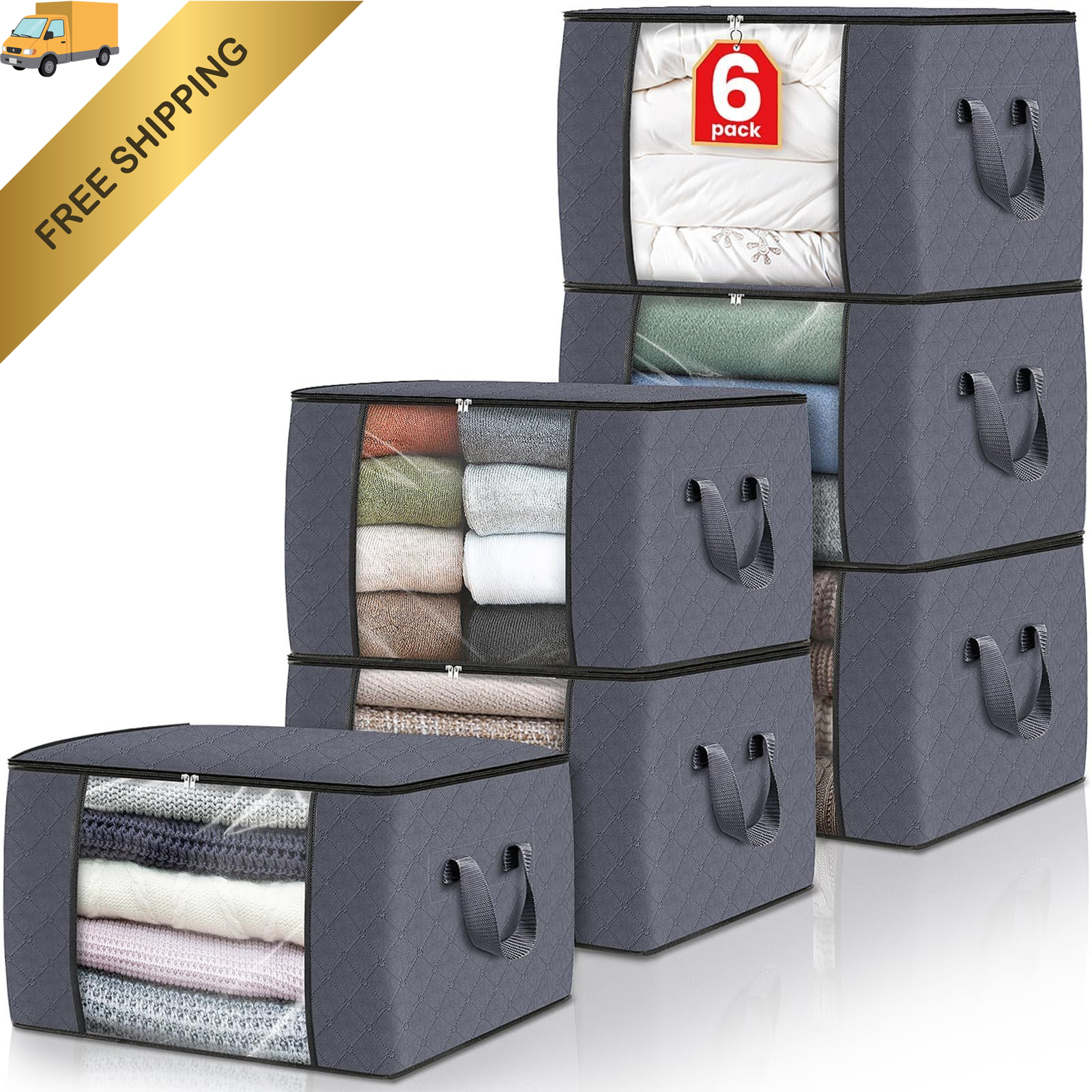 Fab totes Storage Bags,Clothes Blanket Bins Foldable 6 Pack-60L, Grey