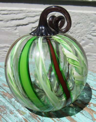 Vtg Bobby Bowes 2004 Blown Art Glass Pumpkin Signed EUC Clear Green Purple - Afbeelding 1 van 9