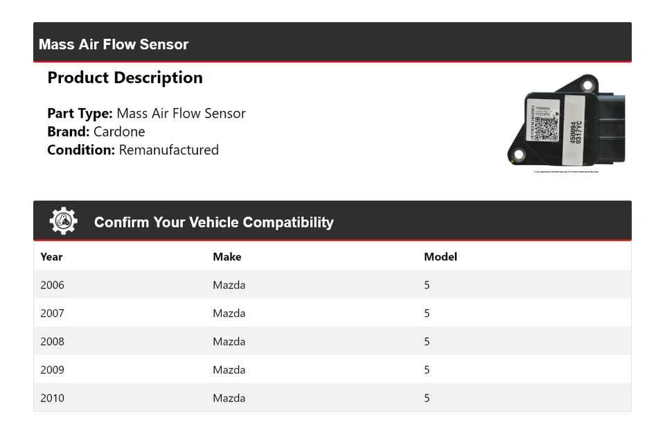 Датчик массового расхода воздуха Cardone 2007 2008 2009 для Mazda 5 2006-2010 годов выпуска - Изображение 2 из 4